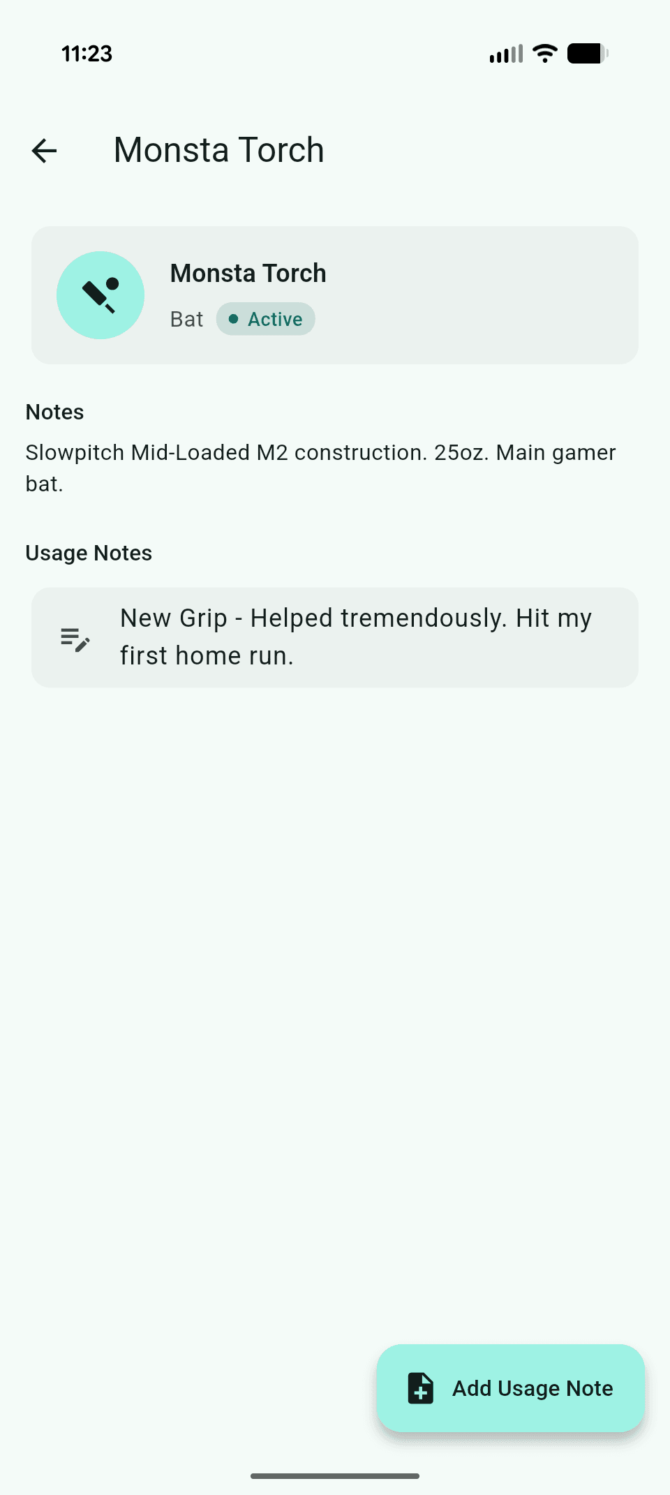 Gear Bag Tracker app showing a softball gear inventory